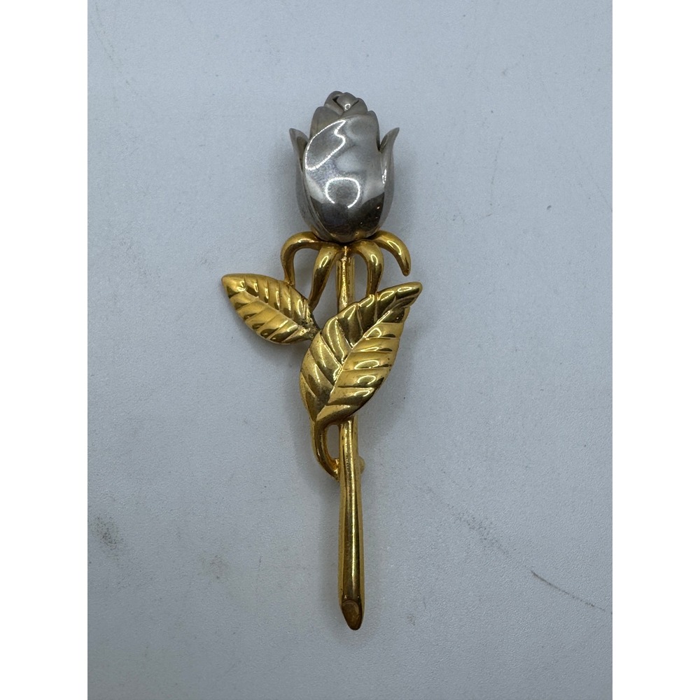 Vintage Two Tone Rose Bud Brooch Gold Silver Tone Floral Pin Flower
